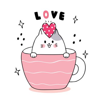 Çizgi film sevimli sevgililer günü beyaz kedi ve kalp fincan kahve vektörü.