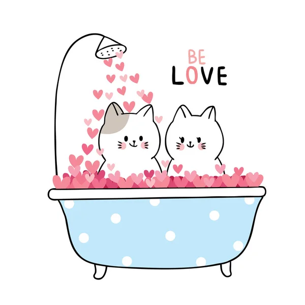 Cartone Animato Carino San Valentino Bianco Gatti Bagno Nel Vettore — Vettoriale Stock