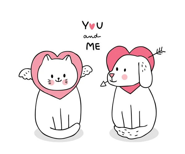 Cartoon Cute Valentines Day Cat Dog Hearts Vector — 스톡 벡터