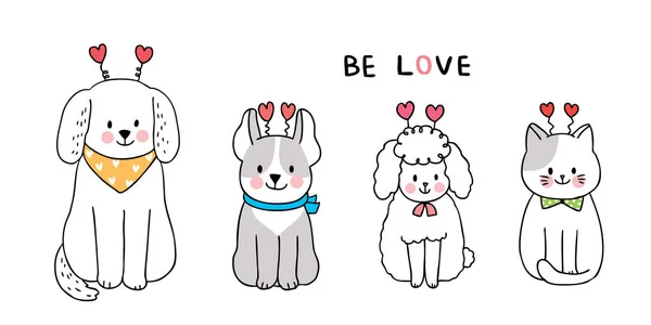 Cartone Animato Carino San Valentino Gatto Cani Cuori Vettore — Vettoriale Stock
