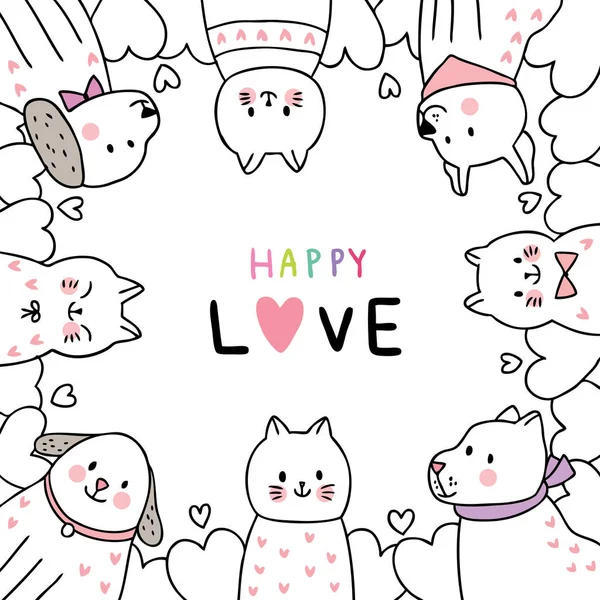 Dessin Animé Mignon Valentines Jour Chats Chiens Vecteur Coeur — Image vectorielle