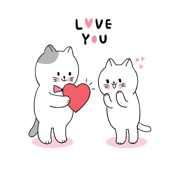 Cartoon Cute Valentines Day White Cats Lover Big Heart Vector — 스톡 벡터