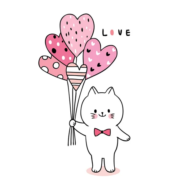 Dessin Animé Mignon Valentines Jour Chat Ballon Coeurs Vecteur — Image vectorielle