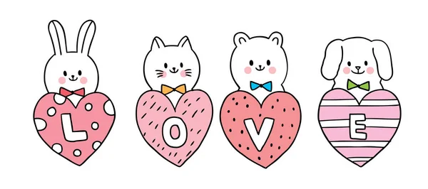 Desenhos Animados Bonito Valentim Dia Gato Cão Coelho Urso Corações — Vetor de Stock