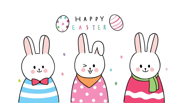 Cartoon Cute Easter Day Rabbits Colorful Eggs Vector — Stock Vector