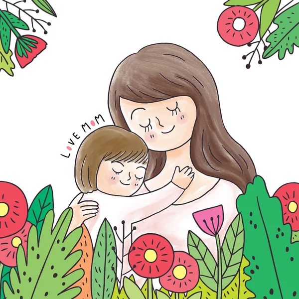 Мультфильм Симпатичная Мать Обнимает Ребенка Цветок — стоковый вектор