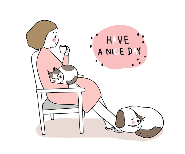 卡通可爱的女人喝咖啡 猫狗昏昏欲睡的放松病媒 — 图库矢量图片