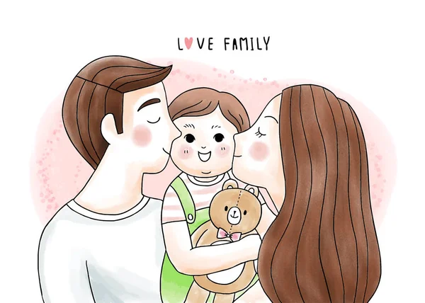 卡通可爱的父母亲吻和拥抱我们的宝宝和熊娃娃病媒 — 图库矢量图片