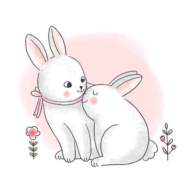 Cartoon Cute Easter Day Mom Baby Rabbits Vector — Stock Vector