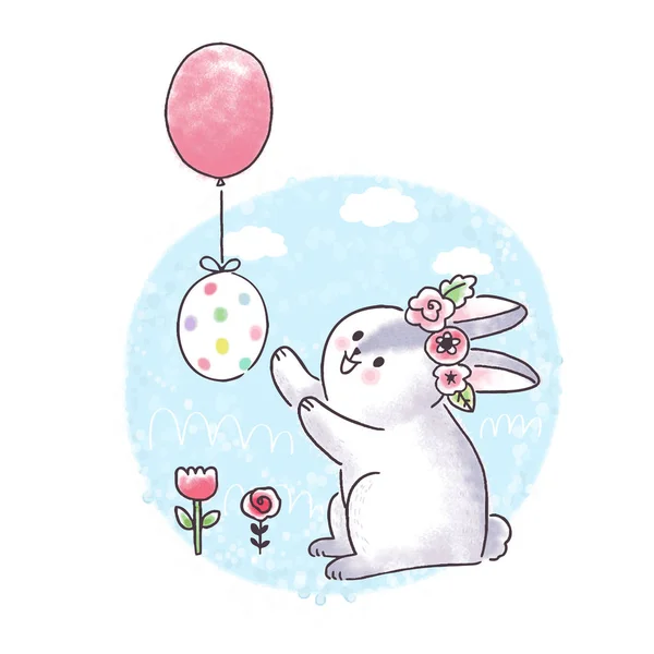 Cartone Animato Carino Giorno Pasqua Bolloon Uovo Vettore Coniglio — Vettoriale Stock