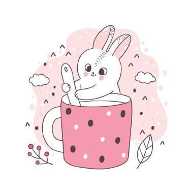Çizgi film sevimli tavşan ve kahve fincanı vektörü.