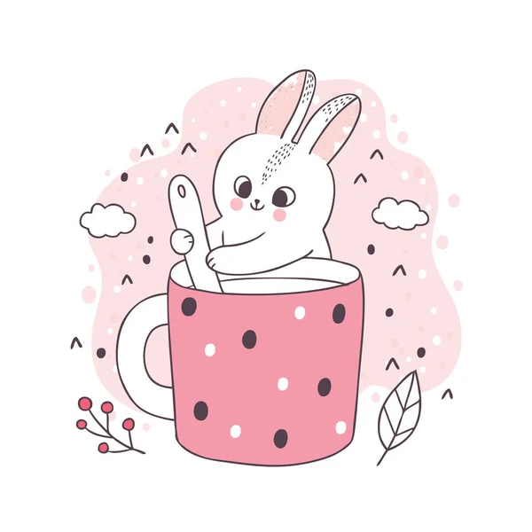 Cartone Animato Carino Coniglio Vettore Tazza Caffè — Vettoriale Stock