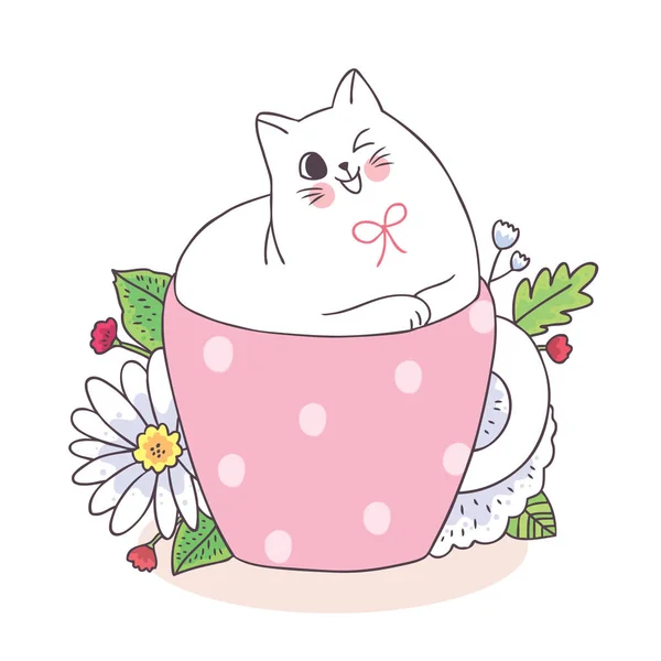 Cartoon Niedliche Katze Kaffeetasse Und Blumenvektor — Stockvektor