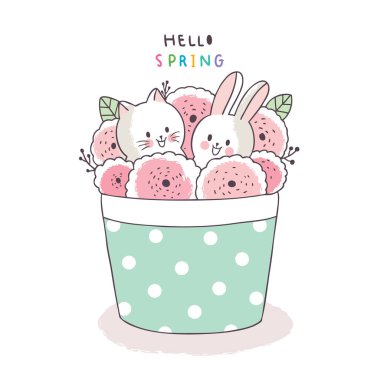 Çizgi film sevimli bahar, Kedi, tavşan ve saksı taşıyıcısı çiçek.