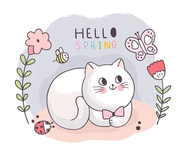 Cartoon Cute Spring Cat Insects Flower Vector — Stock Vector