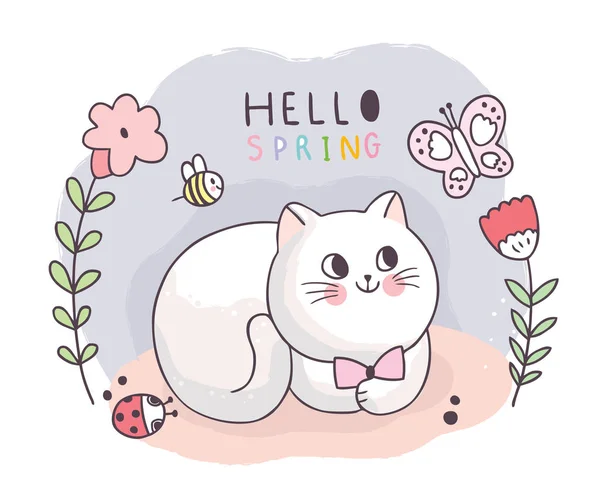 Dessin Animé Mignon Printemps Chat Insectes Vecteur Fleurs — Image vectorielle