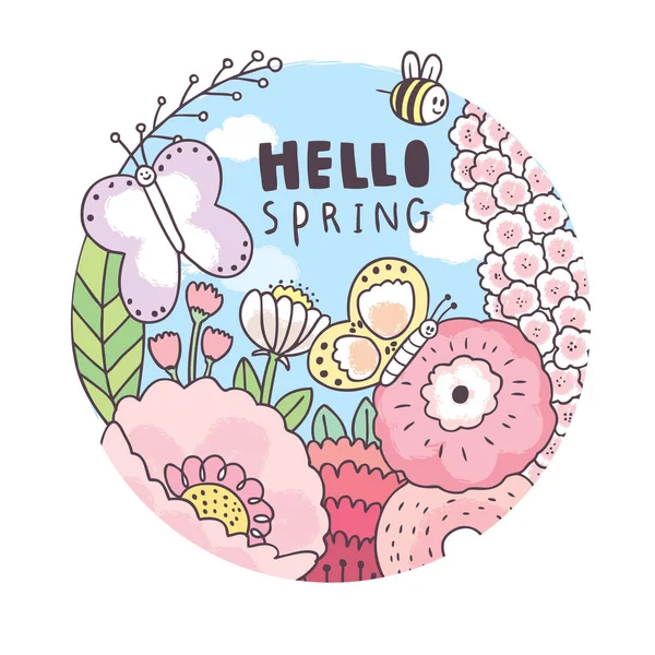 Мультфильм Милый Весной Насекомые Цветок Круге Рамка Вектор — стоковый вектор