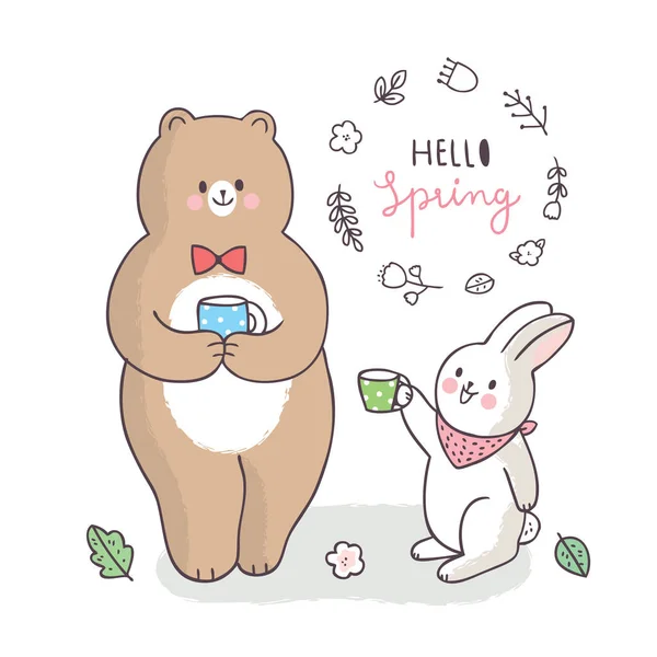 Kreskówka Cute Wiosna Niedźwiedź Królik Rozmowy Picia Wektor Kawy — Wektor stockowy