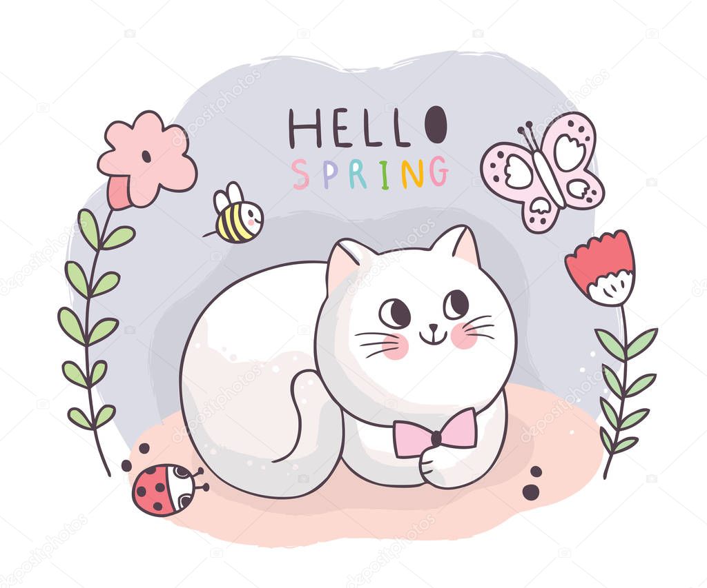 Cartoon cute spring, Cat and insects and flower vector.