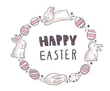 Cartoon cute Easter Day, White rabbit and sweet eggs vector.