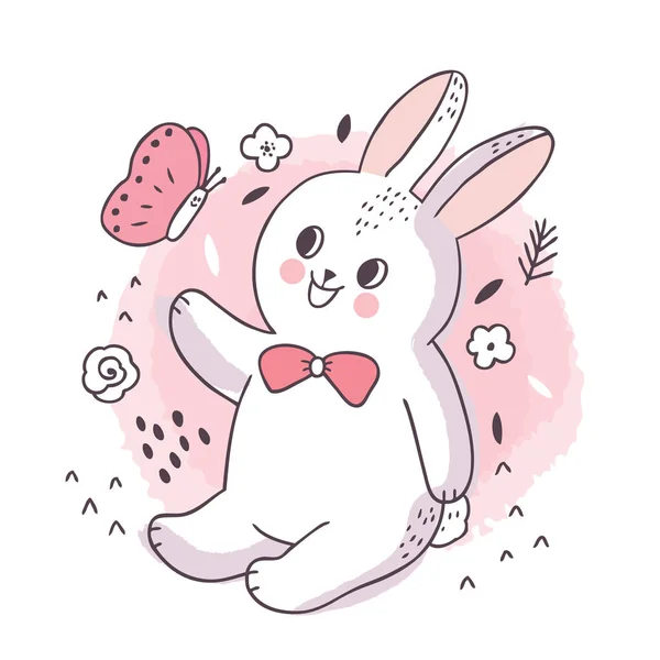 Cartone Animato Carino Adorabile Coniglio Bianco Vettore Farfalla — Vettoriale Stock