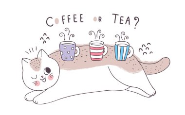 Çizgi film sevimli kedi ve fincanlar kahve ve çay vektörü.