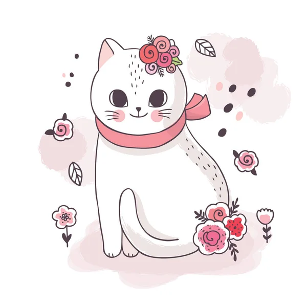Kreslený Roztomilý Rozkošný Bílý Kočka Květinový Vektor — Stockový vektor