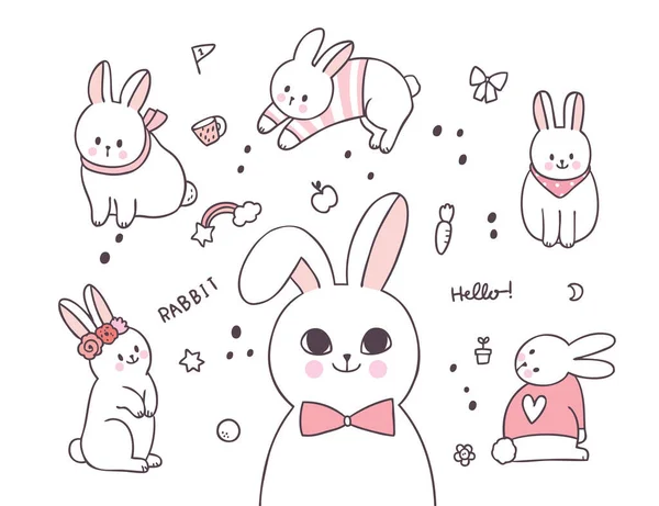 Cartoon Cute Elements Adorable Rabbit Actions Vector — Stock Vector