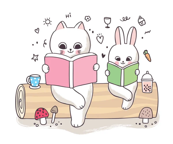 卡通可爱的春天 猫和兔子在圆木向量上看书 — 图库矢量图片