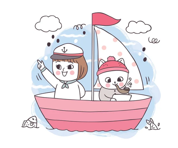 Cartoon Cute White Cats Girl Ship Sea Vector — Stock Vector