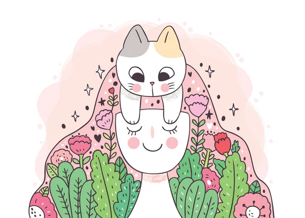 Animal Fondo Tarjeta Cuidado Dibujos Animados Gato Lindo Dibujo Mujer — Archivo Imágenes Vectoriales