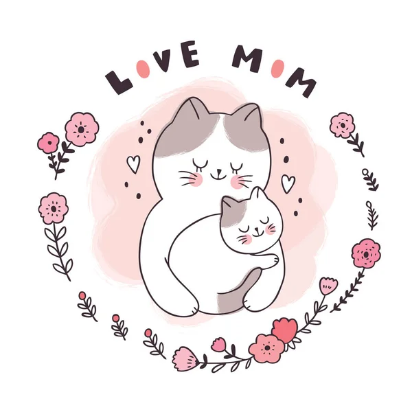 Cartoon Niedlichen Süßen Traum Mutter Und Baby Katze Schlafen Auf — Stockvektor