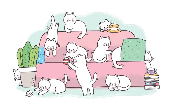 漫画かわいいです可愛いです白い猫遊びますピンクソファベクトル — ストックベクタ