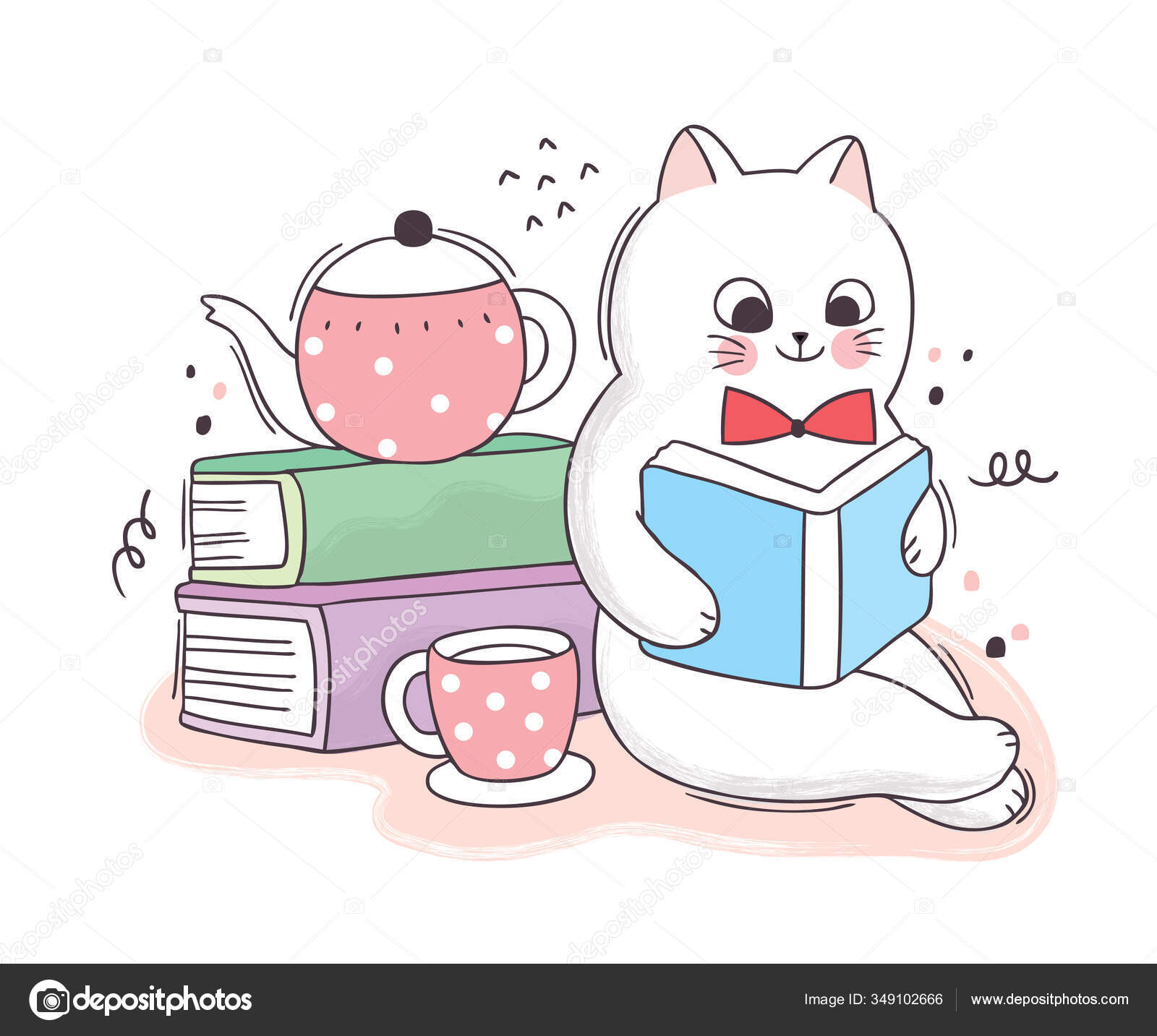 Desenhos animados bonitos gatos brancos dia dos namorados e muitos corações  em xícara de café., Vetor Premium