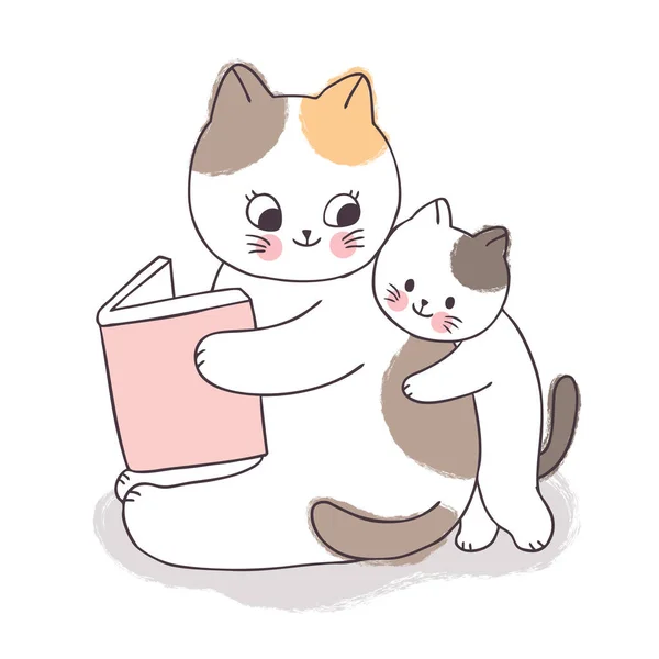 Cartoon Niedlich Entzückende Mutter Und Baby Katze Lesen Buch Vektor — Stockvektor