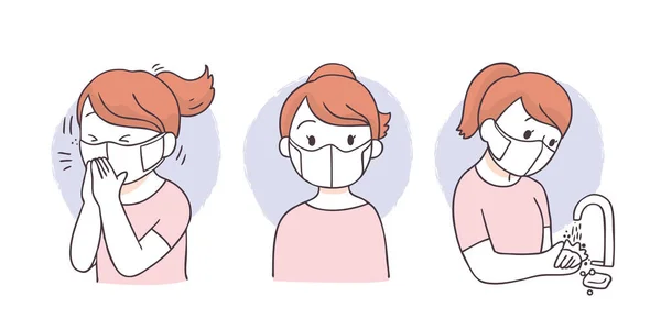 卡通可爱保护病毒 人们戴口罩 咳嗽洗手病媒 — 图库矢量图片