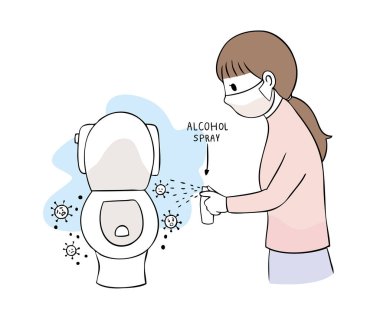 Cartoon cute Coronavirus, COVID-19, Woman and alcohol spray clean up toilet vector. clipart