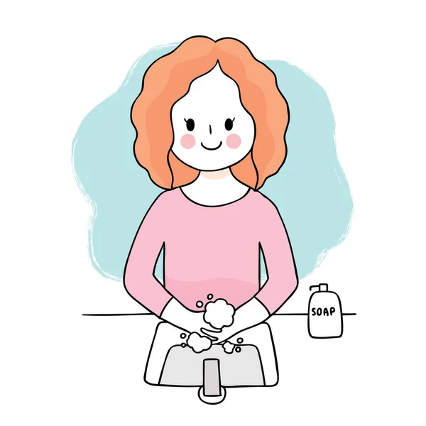 卡通可爱的Coronavirus Covid 女人洗手病媒 — 图库矢量图片