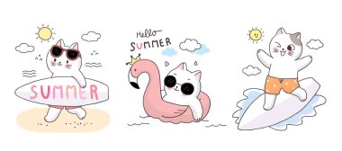 Çizgi film sevimli yaz kedileri ve sörf vektörü.