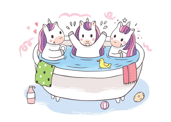 Cartoon Cute Unicorns Washing Bathtub Vector — Stock Vector