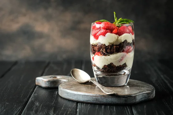 Beautiful Dessert Fresh Berries Trifle Chocolate Strawberries Dark Background Copy — Stock Photo, Image