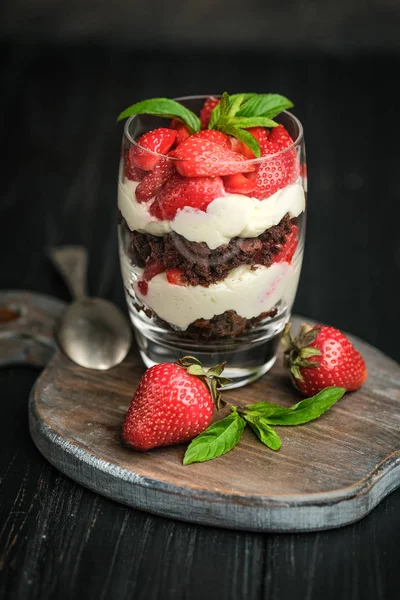 Beautiful Dessert Fresh Berries Trifle Chocolate Strawberries Dark Background Copy — Stock Photo, Image