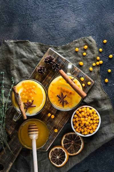 Sea Buckthorn Tea Orange Spices Dark Background — Stock Photo, Image