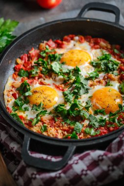 Geleneksel Shakshuka, yumurta, domates ve maydanozlu, siyah arka planda demir bir tavada. 