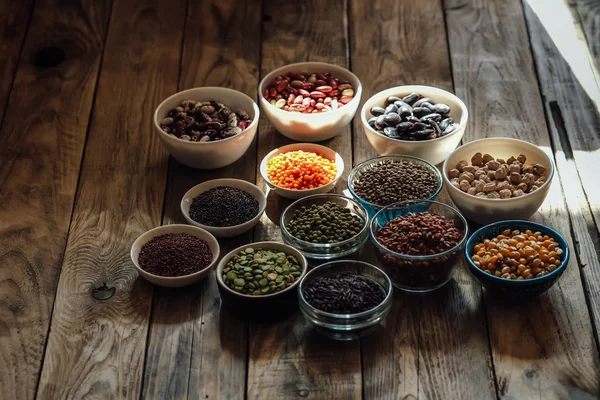 Super Food Seeds Beans Assortment Rustic Background Copy Space Vegetarians — Stock Photo, Image