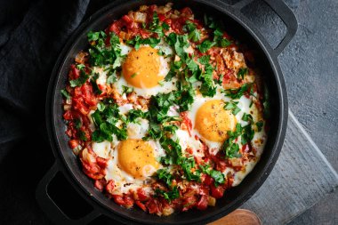 Geleneksel shakshuka ile yumurta, domates ve maydanozu siyah arka planda demir bir tavada. Üst görünüm.