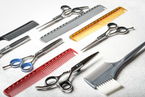 Set Barber Accessories Light Background Scissors Combs — Stock Photo, Image