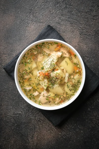 Fresh Homemade Fish Soup Vegetables Bowl Black Background Top View — Stock Photo, Image