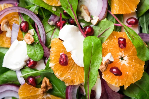Detox Salad Tangerines Mozzarella Herbs Pomegranate Seeds Nuts Dark Background — Stock Photo, Image