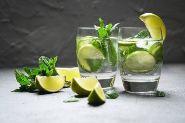 Naneli, romlu ve limonlu mojito kokteyli, soğuk içecek veya buzlu buzlu içecek..
